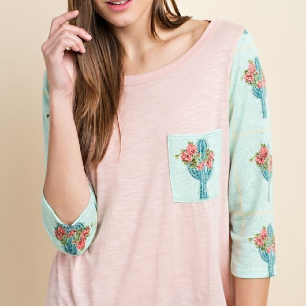 Lovely J 3/4" Sleeve Cactus Print Arms With Solid Rayon Jersey Top Brand New Pol